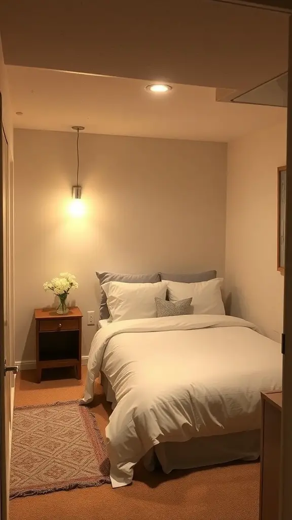 Cozy guest bedroom in a basement with soft lighting and simple decor.