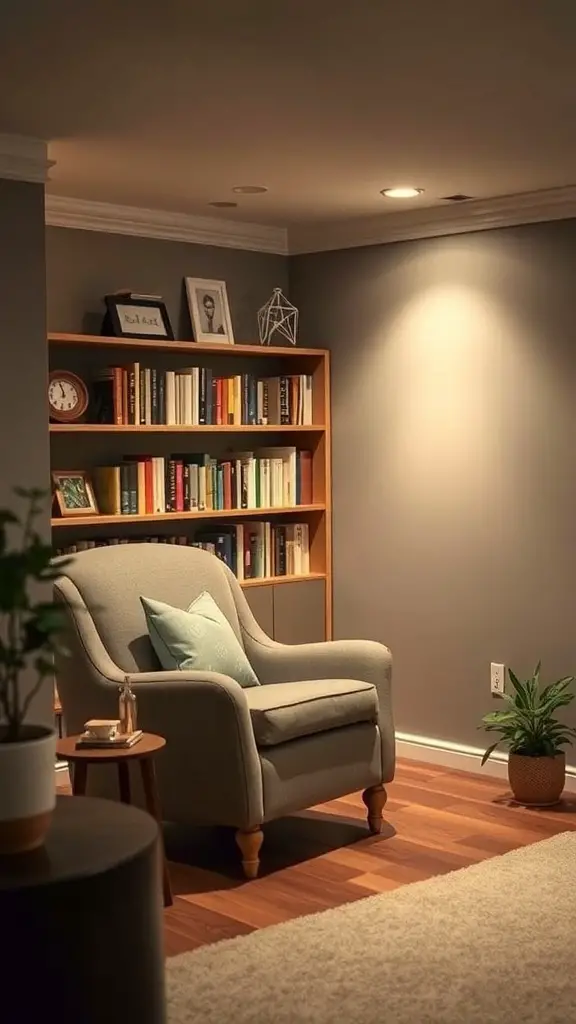 Cozy reading nook with a comfortable chair, bookshelves, and warm lighting