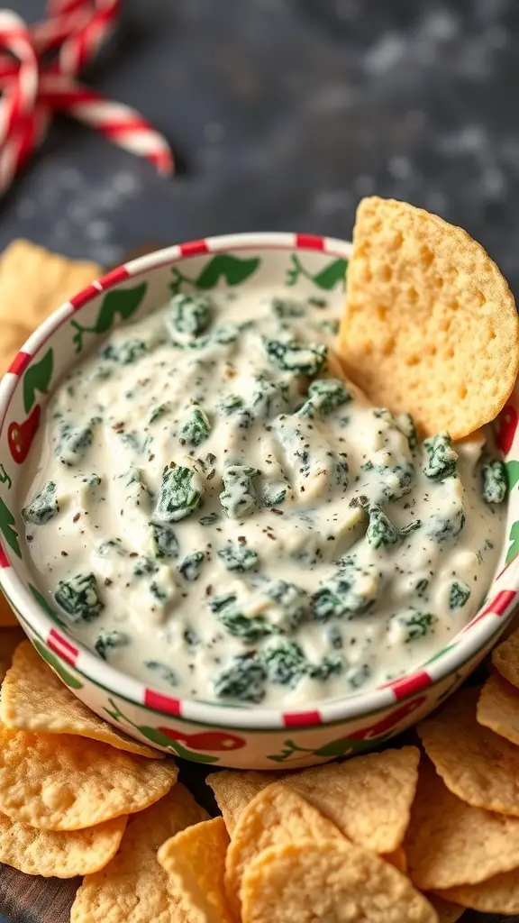A bowl of spinach and artichoke dip surrounded by tortilla chips, with festive decorations.