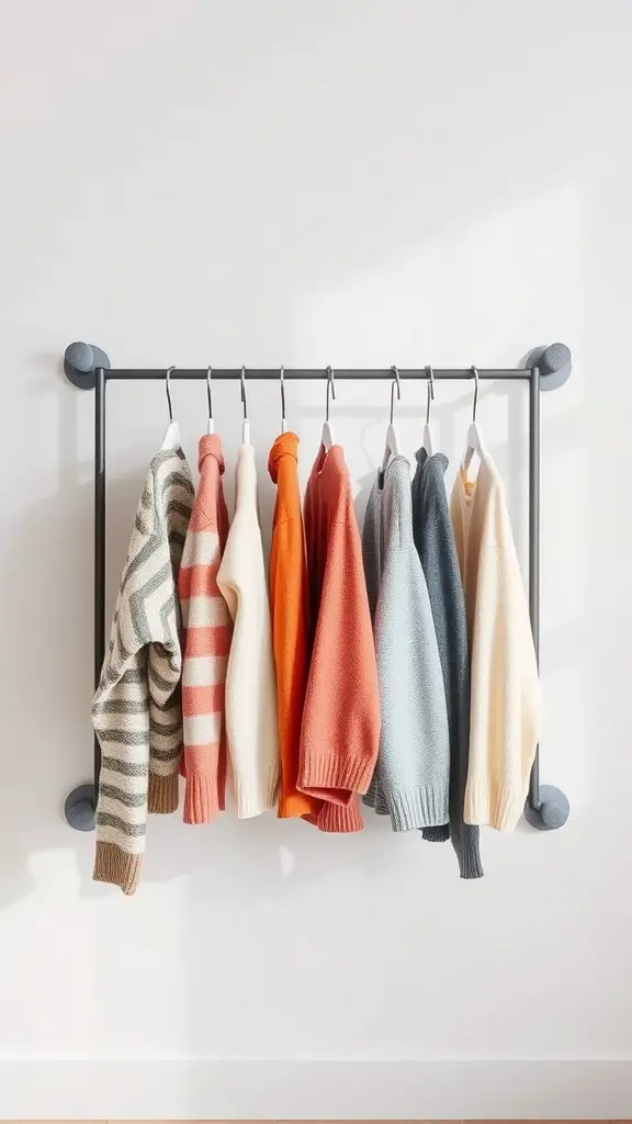 29+ Creative Sweater Storage Ideas to Maximize Your Closet Space 2 A modern hanging sweater rack displaying a variety of colorful sweaters.