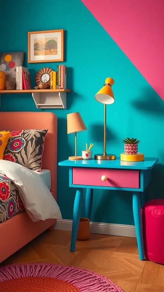 27+ Creative Bedside Table Ideas to Transform Your Bedroom 7 Colorful bedside table with turquoise and pink accents, surrounded by playful decor.