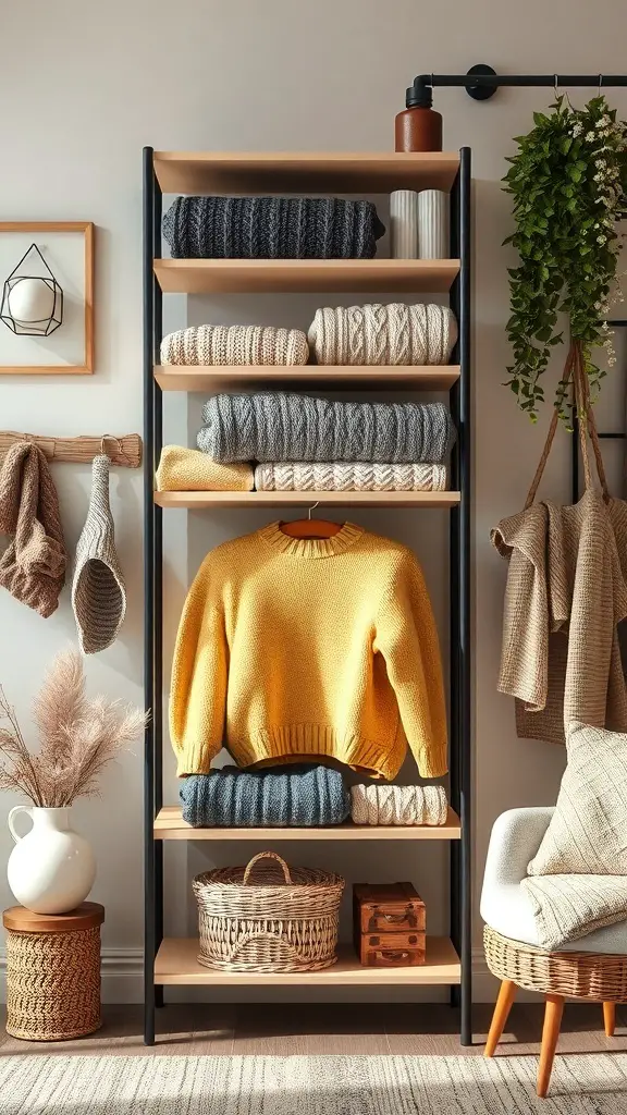 29+ Creative Sweater Storage Ideas to Maximize Your Closet Space 4 A stylish vertical shelf displaying neatly folded sweaters in various colors, with decorative elements like plants and baskets.