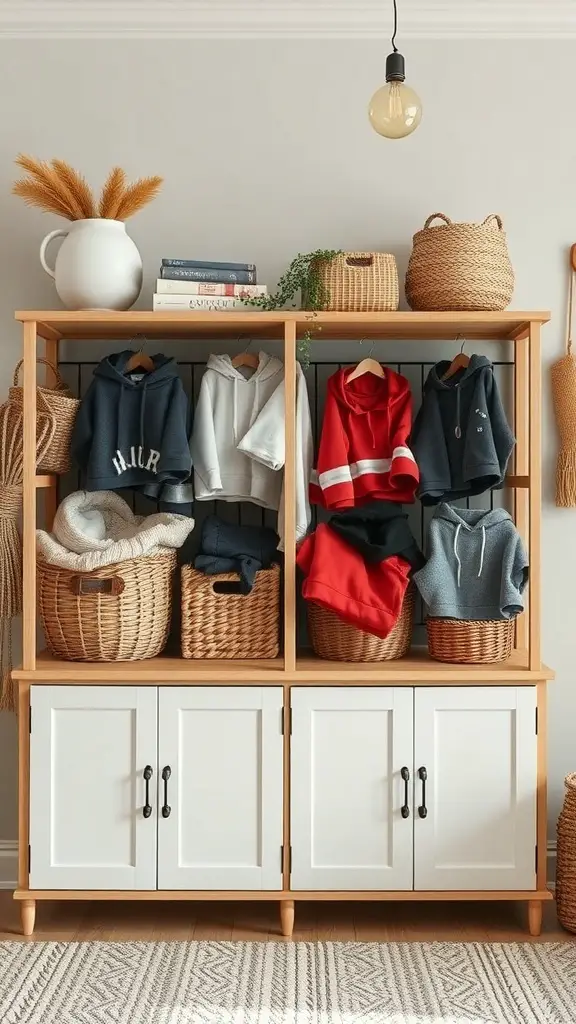 Wooden shelves displaying hoodies and decorative baskets for storage