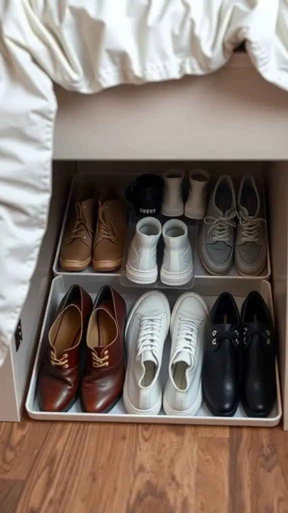 25+ Creative Under Bed Storage Solutions for Small Spaces 2 Organized under bed shoe storage with various types of shoes neatly arranged.