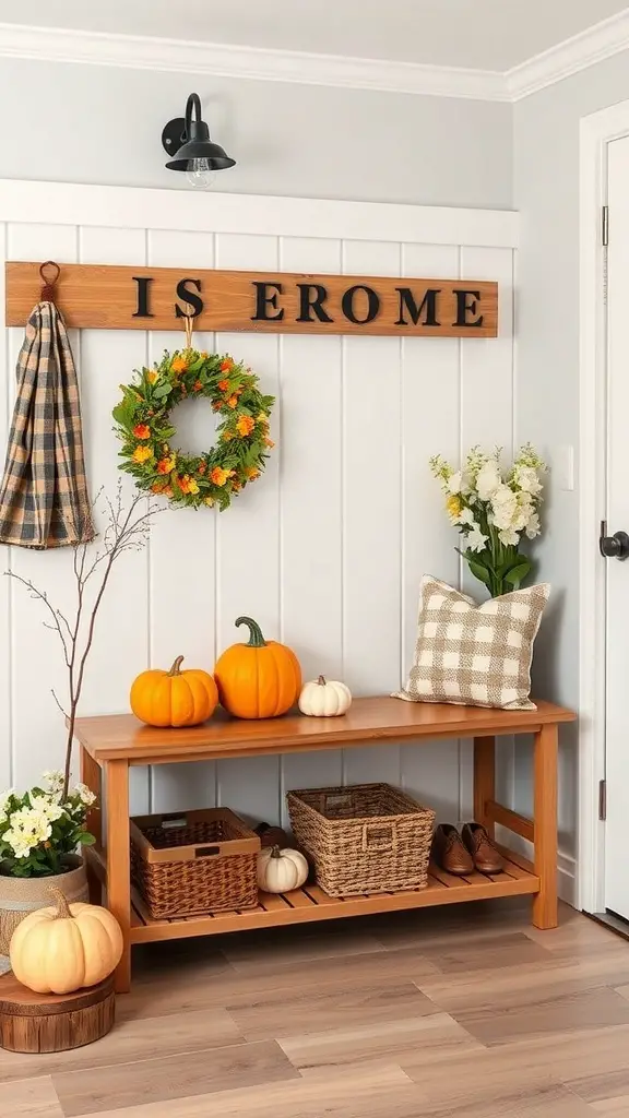 A cozy mudroom with a wooden bench, pumpkins, a wreath, and decorative baskets.