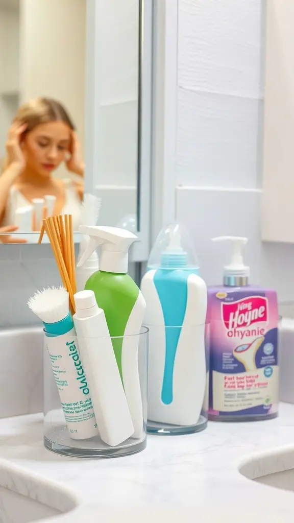 25+ Creative Ways to Store Your Feminine Hygiene Products 2 Clear acrylic containers holding feminine hygiene products on a bathroom counter.