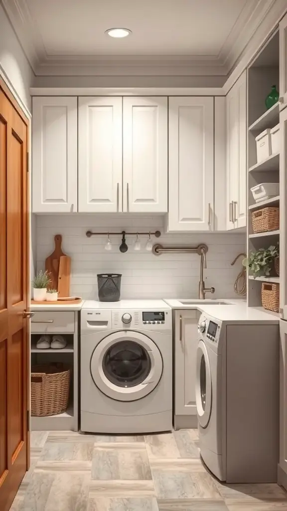 25+ Stylish Mudroom and Laundry Room Combo Ideas to Maximize Space 10 A modern mudroom and laundry room combo featuring white cabinets, a washer and dryer, and shelves for storage.