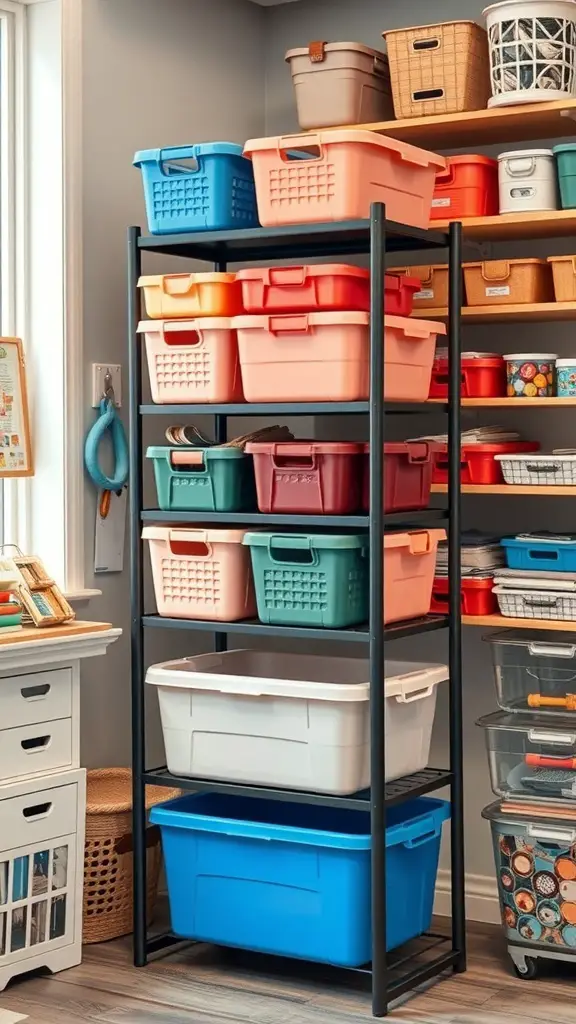 A multi-tiered tote storage rack with colorful bins organized on shelves.