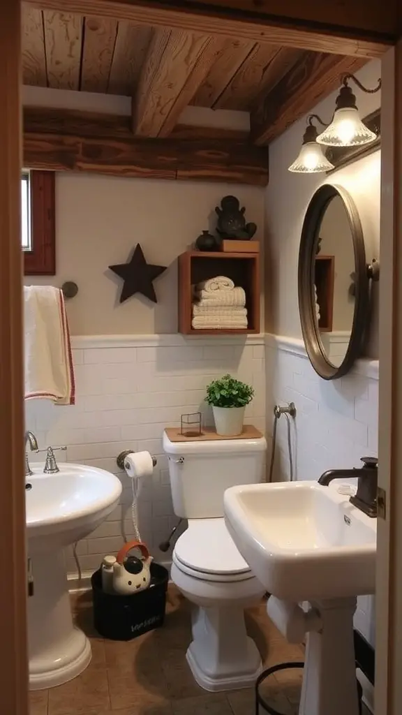 A rustic farmhouse bathroom with wooden accents, white tiles, and decorative elements.
