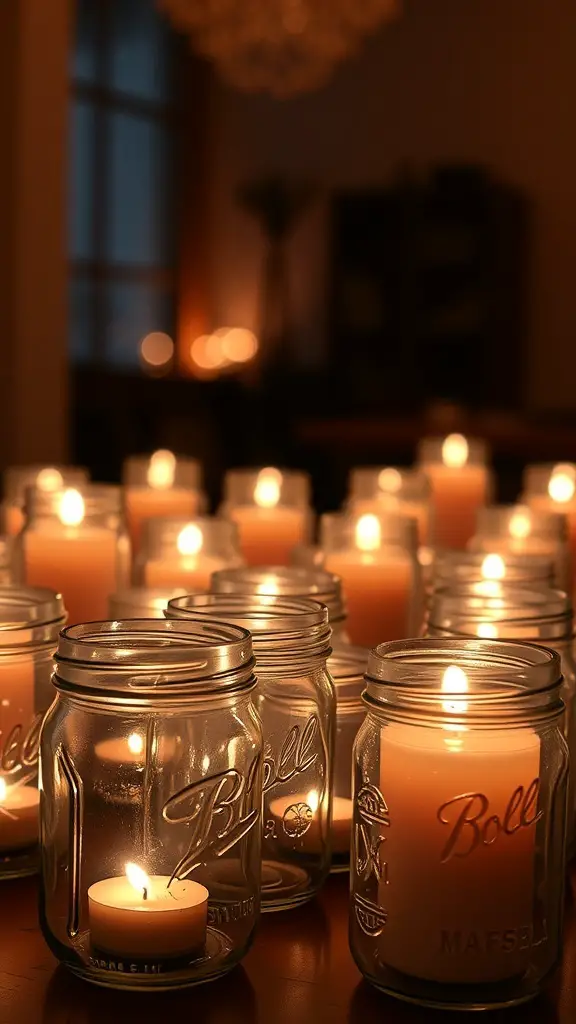 27+ Creative Mason Jar Storage Ideas for a Clutter-Free Home 2 A collection of mason jars with candles lit inside, creating a warm and inviting atmosphere.