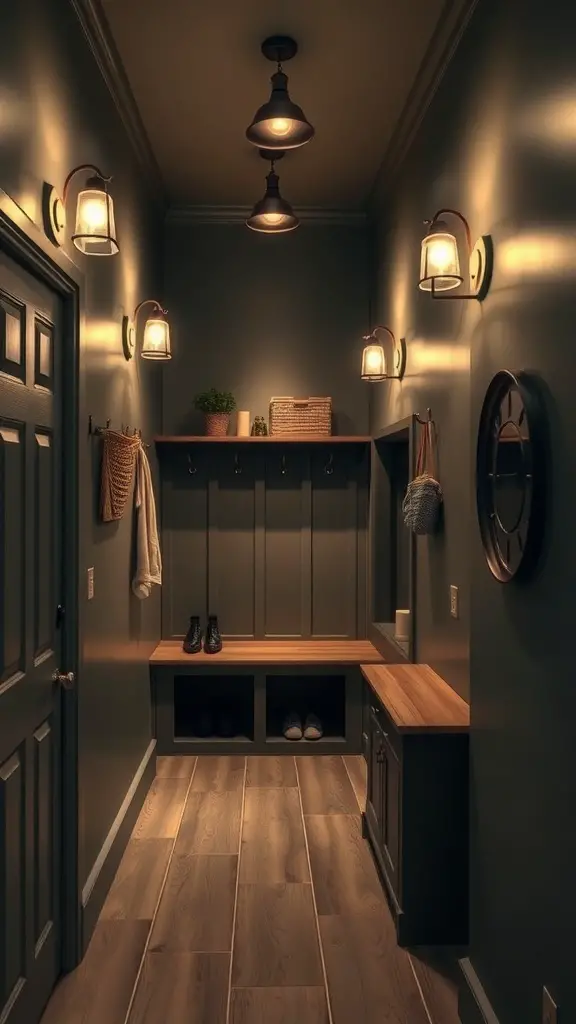 A well-lit mudroom featuring wall sconces and a pendant light, showcasing a cozy and functional design.