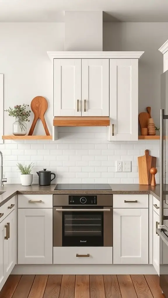 A modern kitchen featuring off white cabinets with wood accents, showcasing a warm and inviting design.