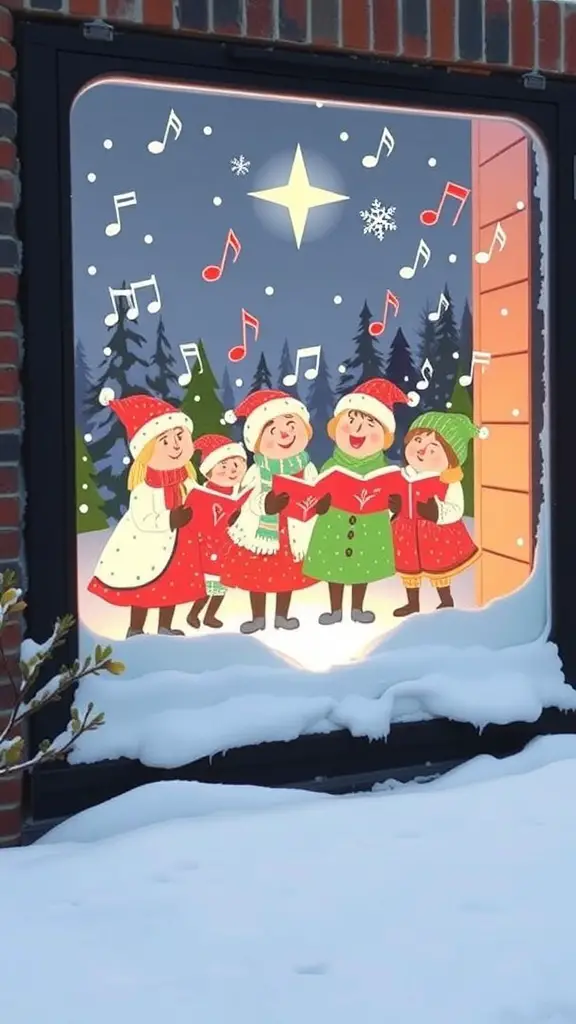 A window painting of Christmas carolers singing in the snow