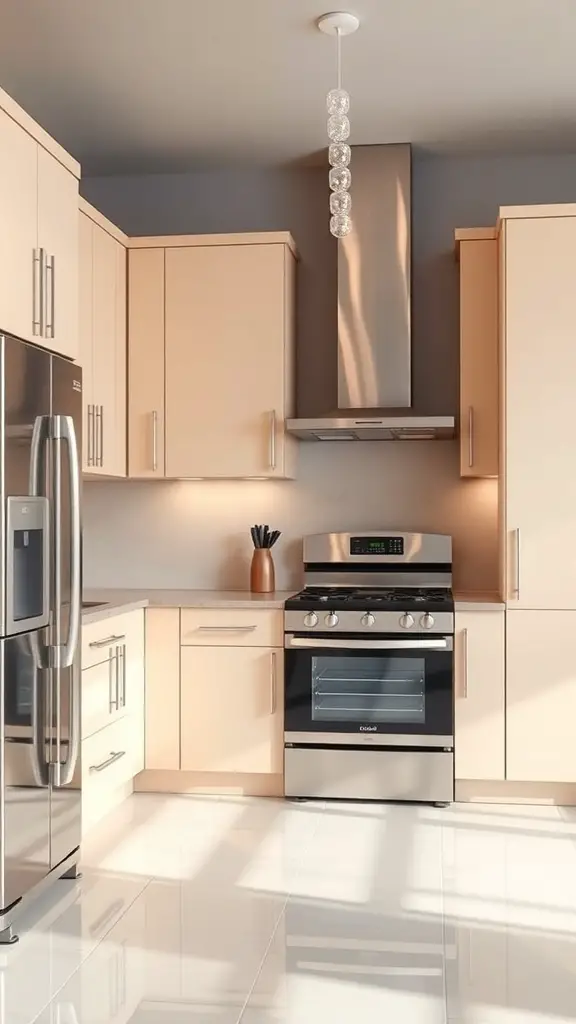 A modern kitchen featuring sleek beige cabinets and stainless steel appliances.