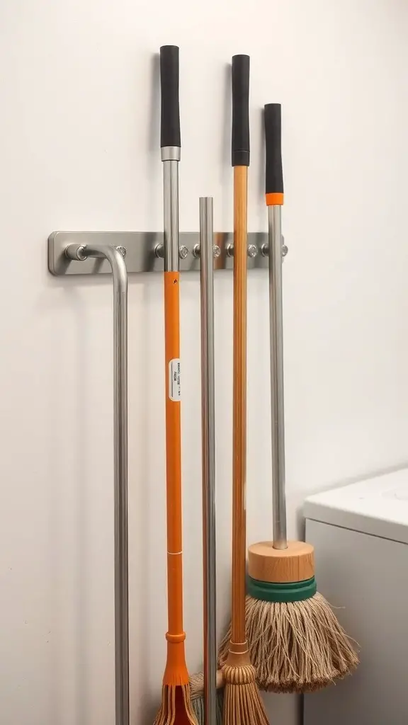 Magnetic strip holding various brooms and mops on a wall.