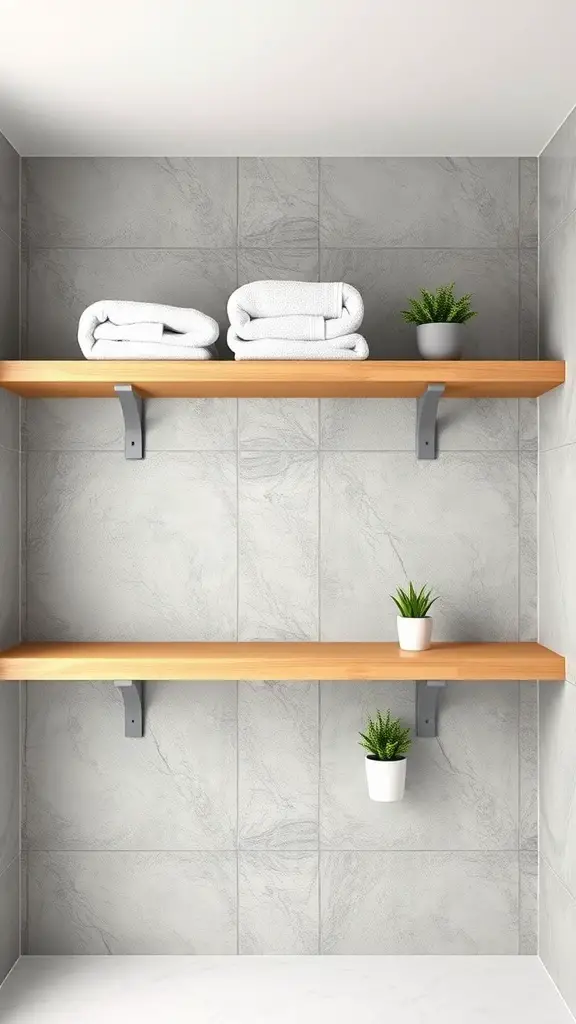 Floating wooden shelves with rolled towels and potted plants in a bathroom
