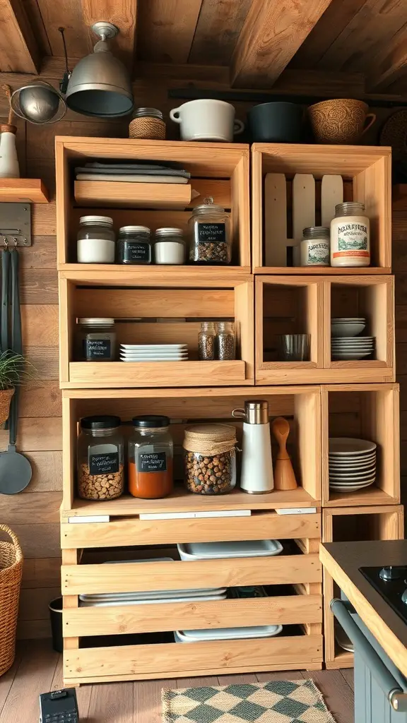 Wooden crates used as shelving in a kitchen, displaying jars, plates, and other kitchen items.