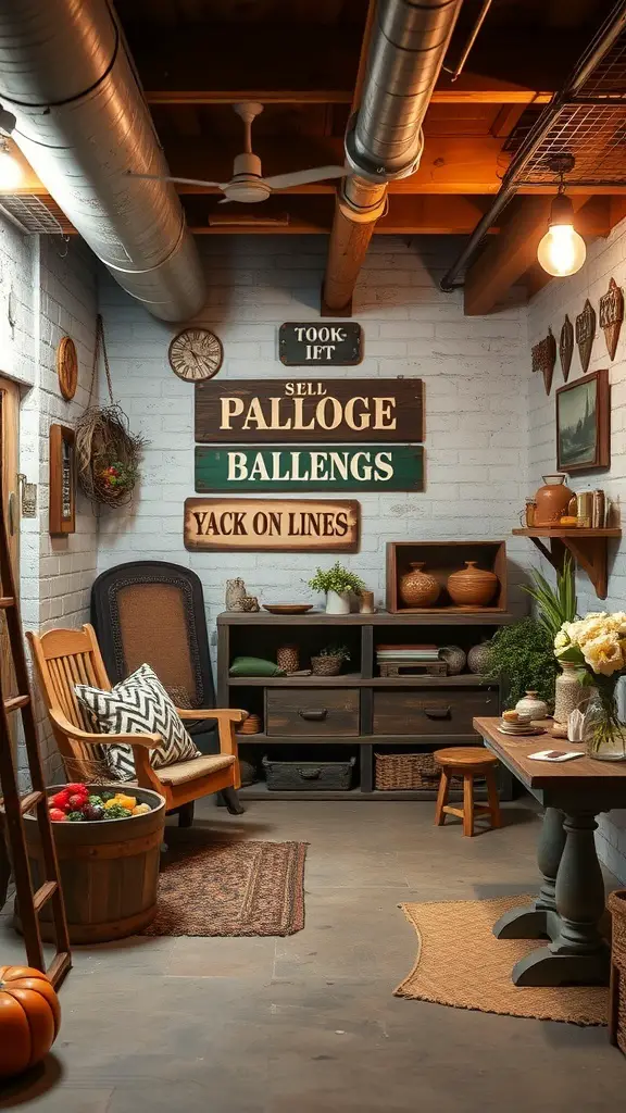 Cozy basement with vintage farmhouse decor, featuring wooden furniture, decorative signs, and plants.