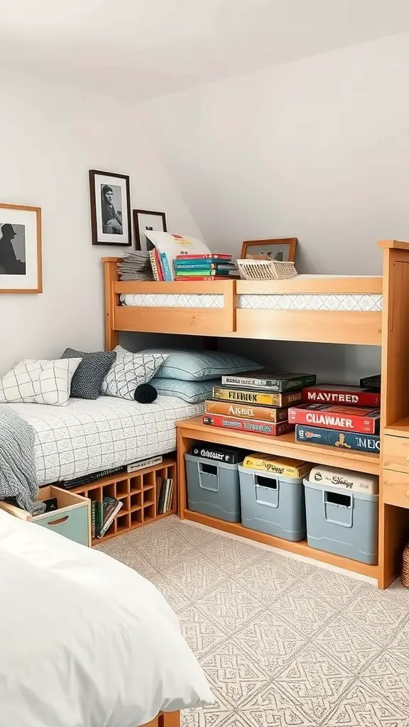 A cozy room with a bunk bed and organized underbed storage for board games.