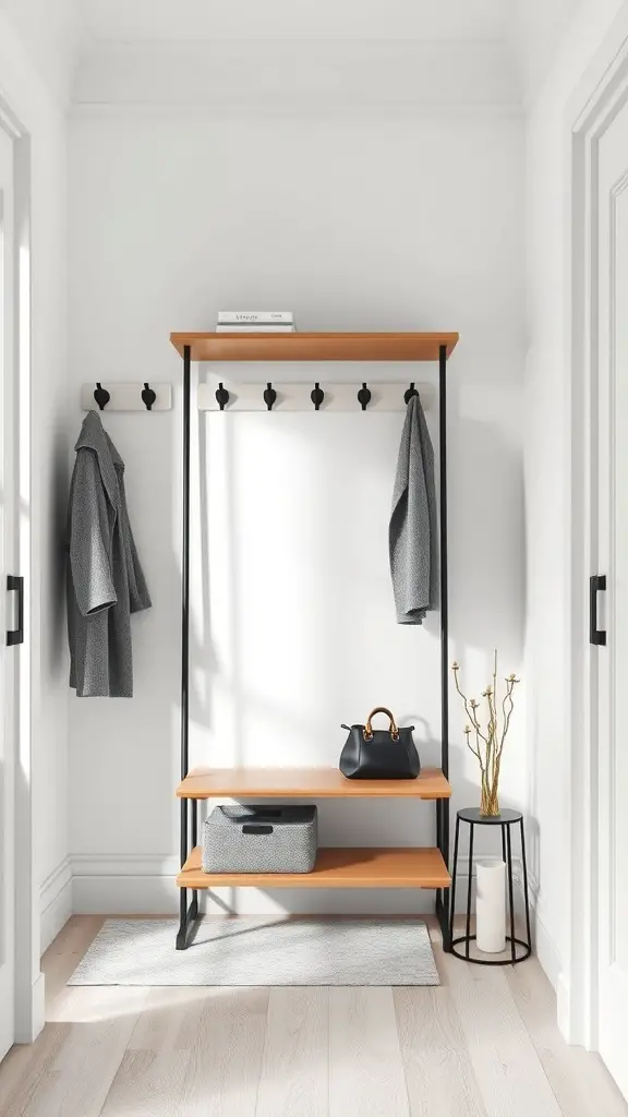 A modern minimalist coat rack with a black frame and wooden shelves, featuring hooks for coats and bags.