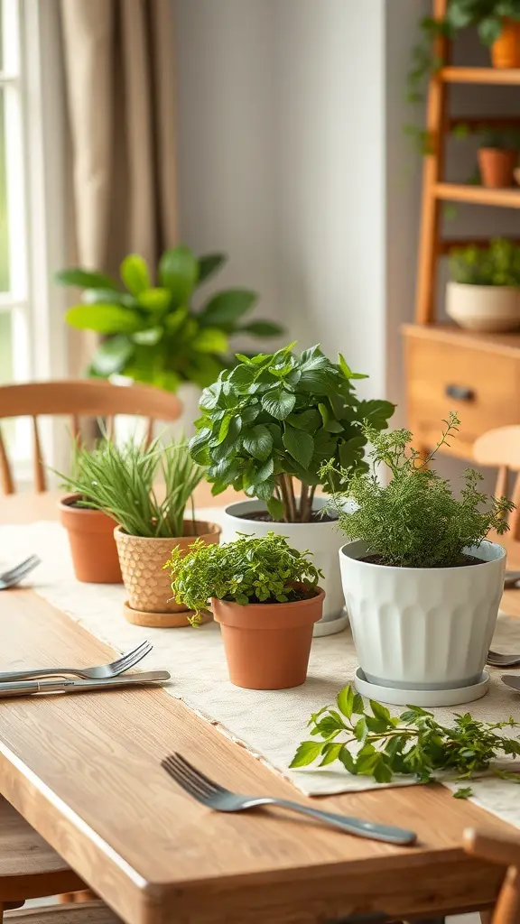 29+ Stunning Dining Room Table Decor Ideas 11 A dining table decorated with various potted plants, showcasing a mix of greenery.