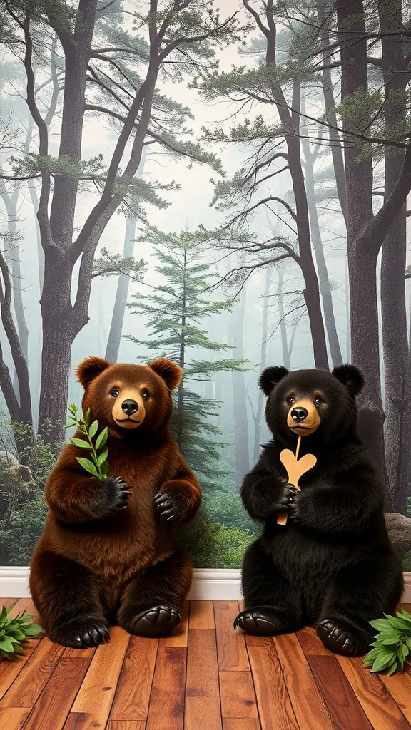 27+ Adorable Bear Baby Shower Ideas for the Perfect Celebration 9 Cozy bear-themed photo booth with two bear figures in a forest setting
