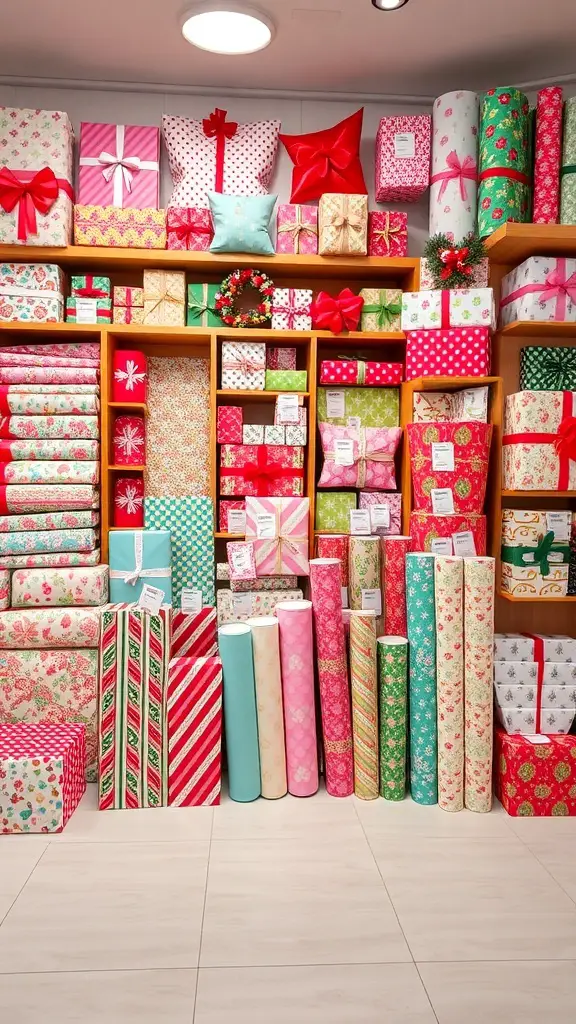 25+ Festive Christmas Store Displays to Inspire Your Retail Space 4 A colorful gift wrapping station filled with various wrapped gifts and rolls of wrapping paper.