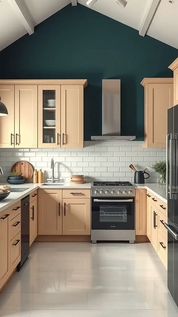 A modern kitchen featuring beige cabinets, a navy wall, and black appliances.