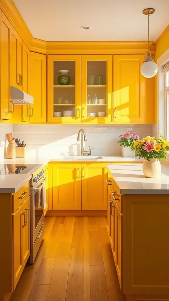 25+ Gorgeous Kitchen Cabinet Colors to Transform Your Space 12 Bright yellow kitchen cabinets with white countertops and wooden flooring, featuring glass-front cabinets and a vase of flowers.