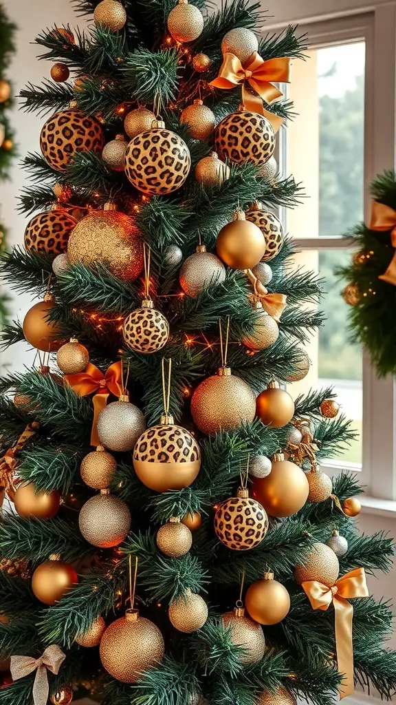 29+ Stunning Leopard Christmas Decor Ideas to Elevate Your Holiday Style 14 A beautifully decorated Christmas tree featuring leopard print ornaments and gold decorations.