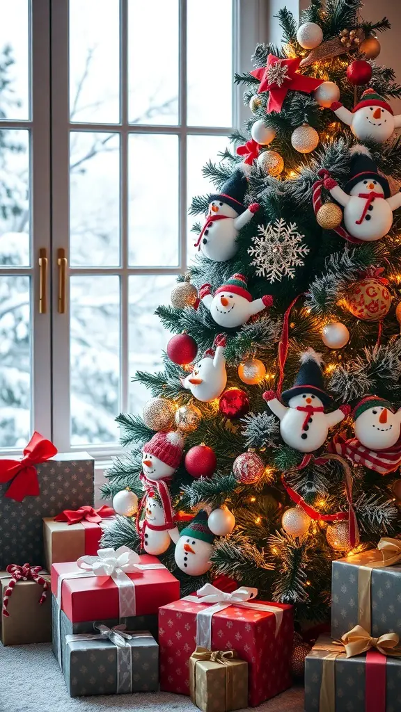 A beautifully decorated Christmas tree with snowman ornaments and colorful gifts underneath.