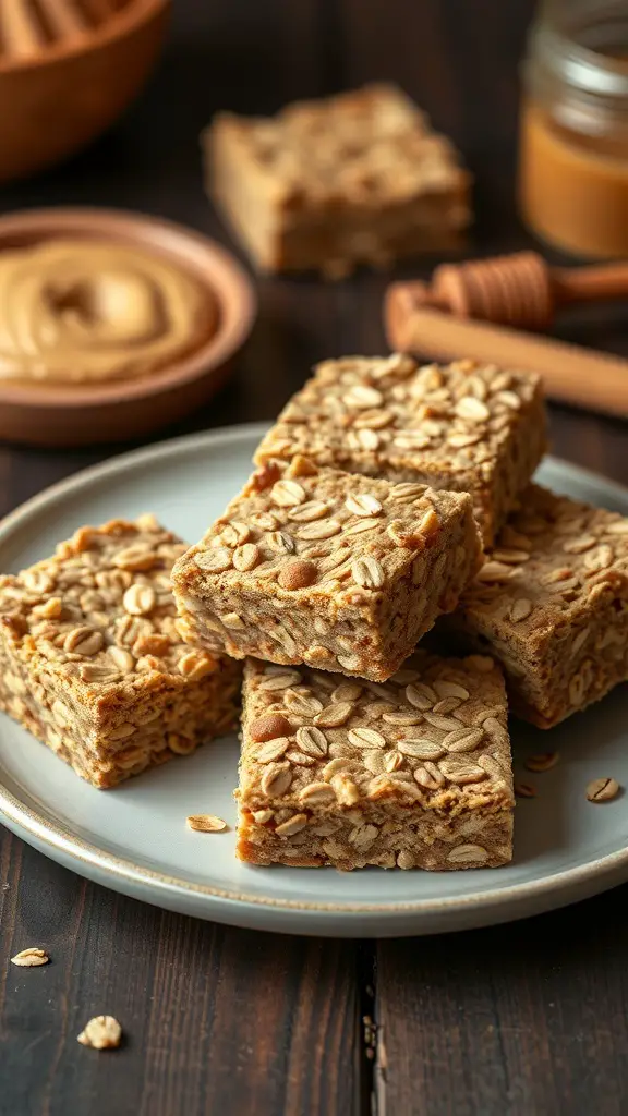 A plate of peanut butter oatmeal bars stacked on top of each other, with a bowl of peanut butter and honey in the background.