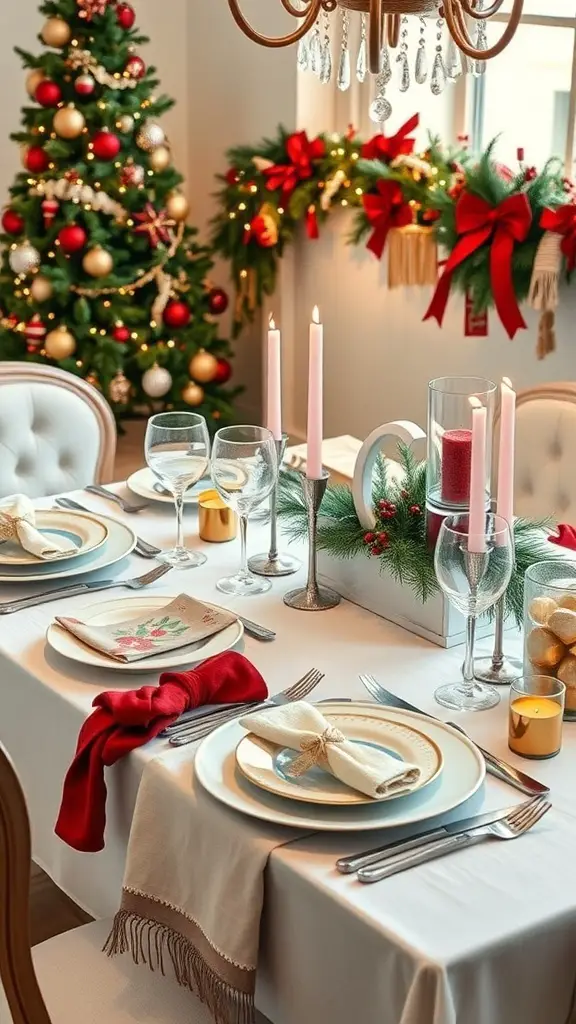 23+ Beautiful Christmas Sideboard Decor Ideas to Transform Your Home 5 A festive Christmas table setting with elegant plates, candles, and a decorated tree in the background.
