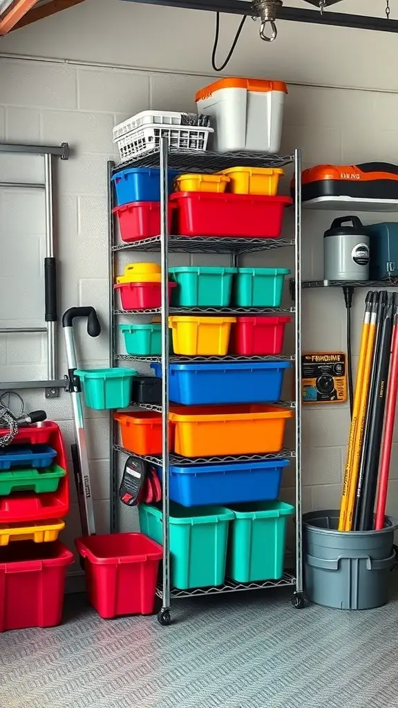 A vertical wall-mounted tote rack filled with colorful storage bins in a garage.