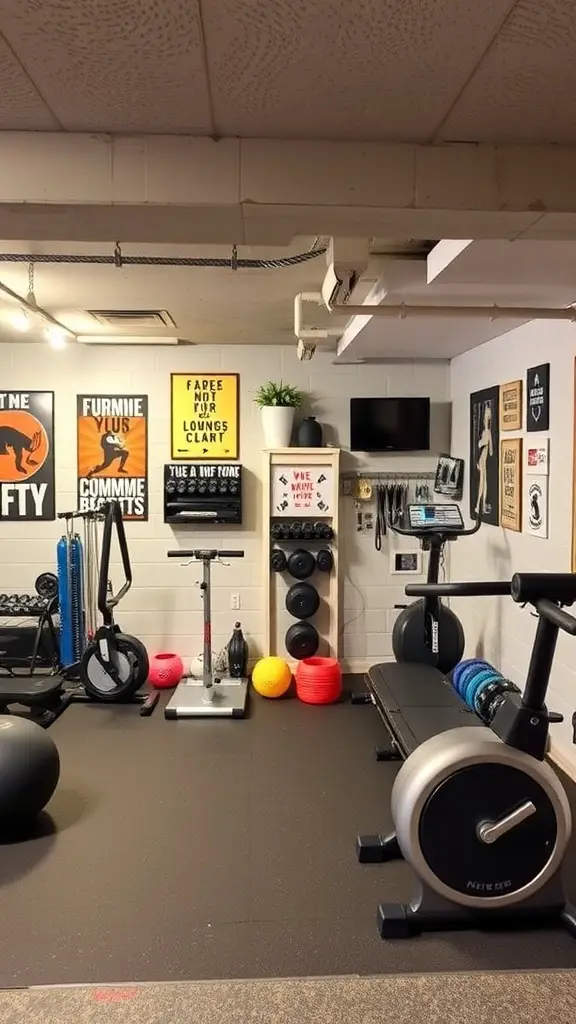 25+ Budget-Friendly Unfinished Basement Ideas to Transform Your Space 6 A DIY home gym setup in a basement with various workout equipment and motivational posters.