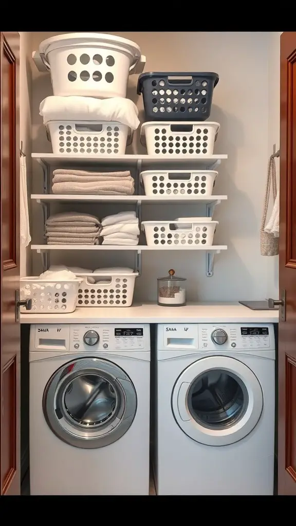 27+ Creative Mini Laundry Room Ideas to Maximize Your Space 4 A compact laundry room with washing machines and organized shelves for laundry baskets and towels.