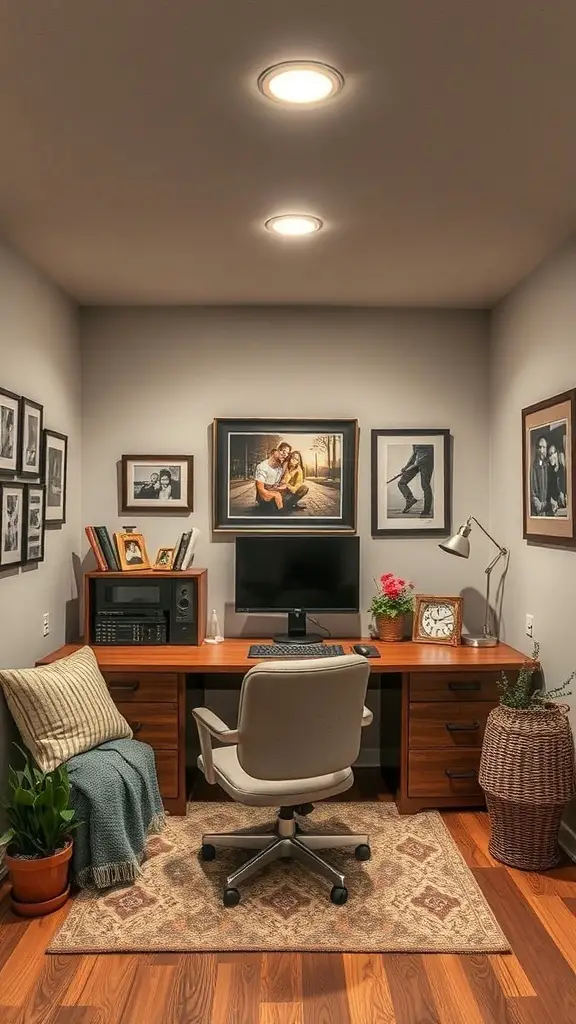 27+ Inspiring Basement Office Ideas for Ultimate Productivity 4 A cozy basement office with framed photos, a desk, and a comfortable chair.