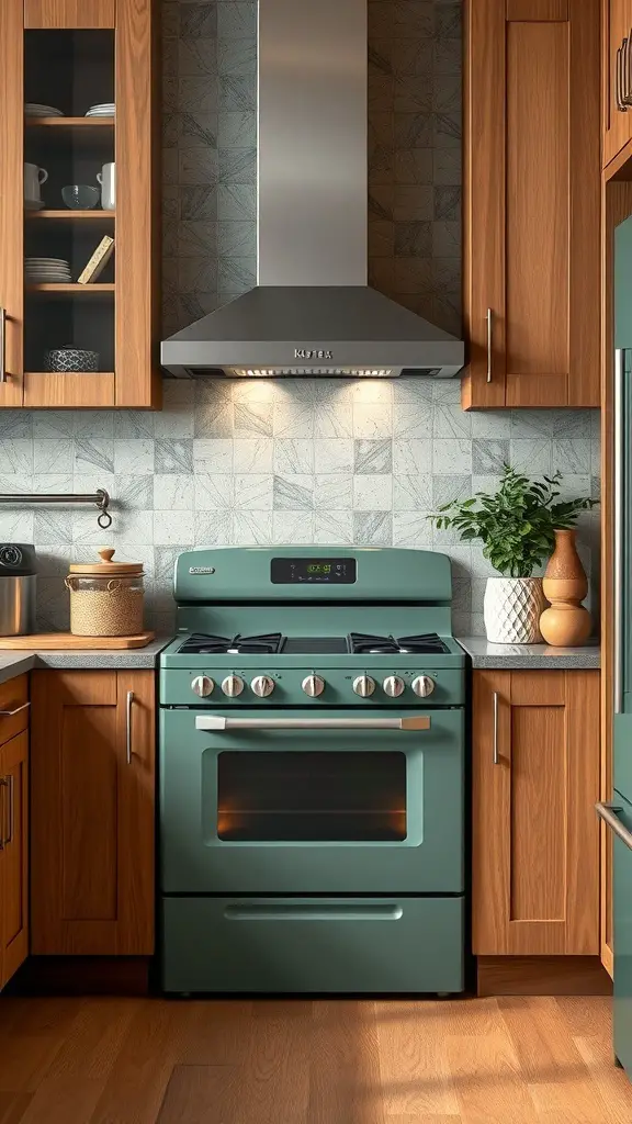A kitchen featuring sage green appliances and wooden cabinets, showcasing a modern yet cozy design.