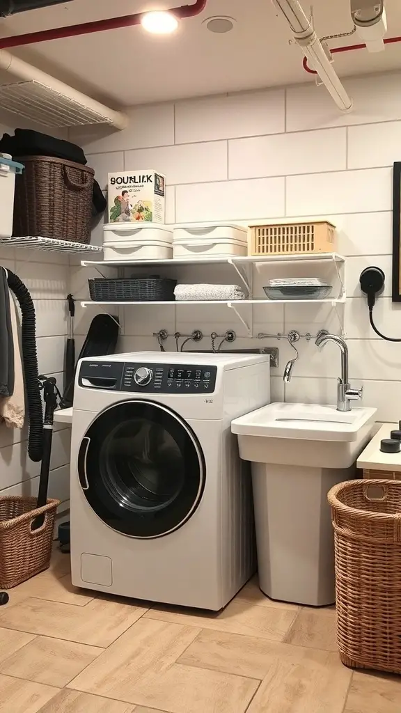 A modern laundry room featuring a washing machine, a sink, and organized storage.