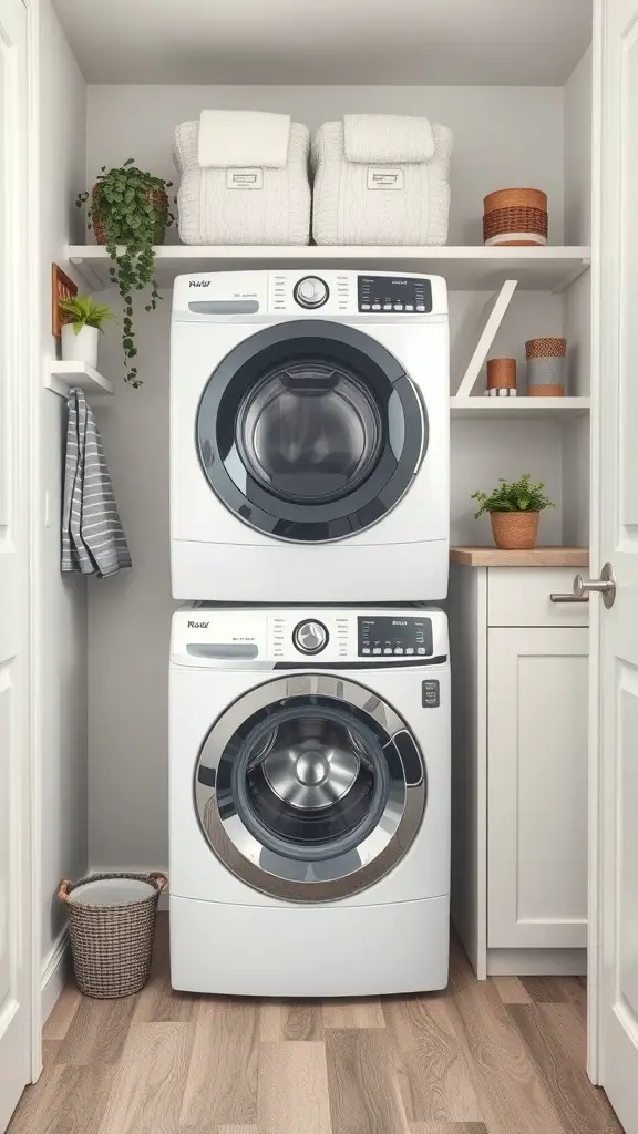 27+ Creative Mini Laundry Room Ideas to Maximize Your Space 7 Compact washer-dryer combo in a small laundry room with shelves and decorative items.