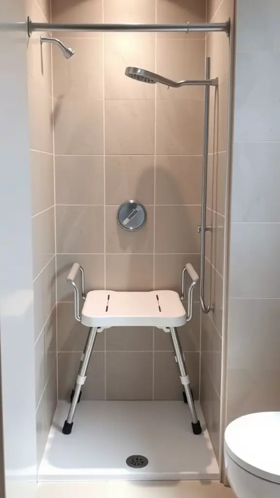 A modern foldable shower seat in a small shower space.