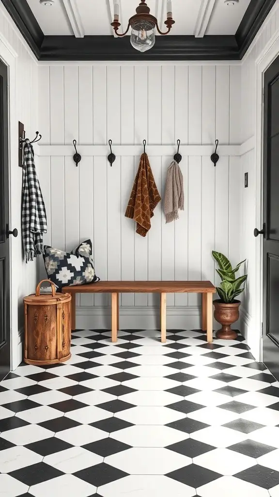 25+ Stylish Mudroom Tile Floor Ideas You’ll Love 6 Mudroom with black and white checkerboard tile floor, wooden bench, and decorative items.
