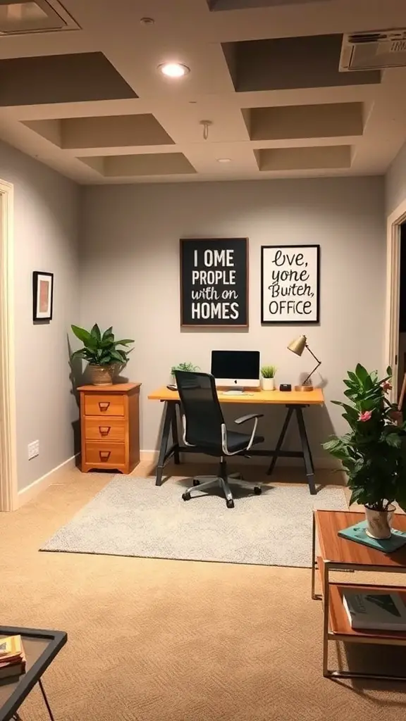25+ Budget-Friendly Unfinished Basement Ideas to Transform Your Space 3 Cozy home office setup in an unfinished basement with desk, chair, and plants.