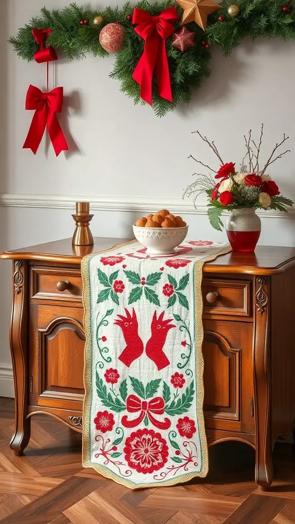 23+ Beautiful Christmas Sideboard Decor Ideas to Transform Your Home 15 A festive table runner with red and green designs on a wooden sideboard, decorated for Christmas.