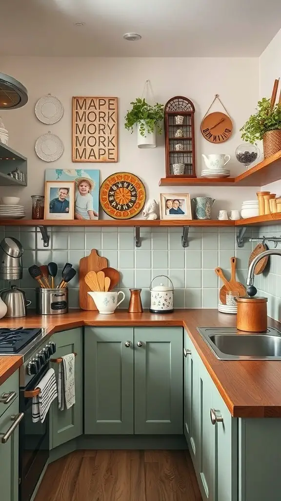 25+ Beautiful Sage Green Farmhouse Kitchen Cabinet Ideas 14 A cozy kitchen featuring sage green cabinets, wooden countertops, and personal decor.