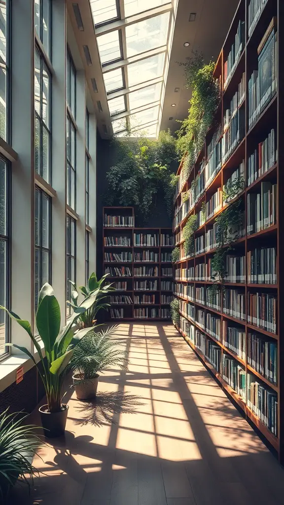 29+ Stunning Ralph Lauren Library Designs You’ll Love 11 Interior of a library with large windows, bookshelves, and indoor plants.
