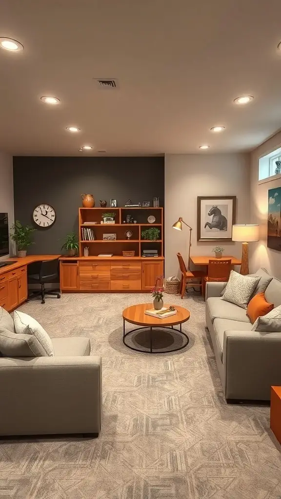 Cozy basement family room with gray couches, wooden furniture, and a workspace.