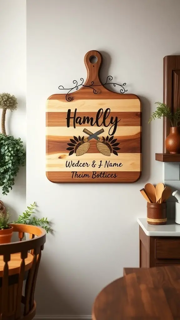 23+ Creative Dollar Tree Cutting Board Crafts You Can Make 6 Personalized wooden cutting board wall art with the name Hamlly and decorative elements