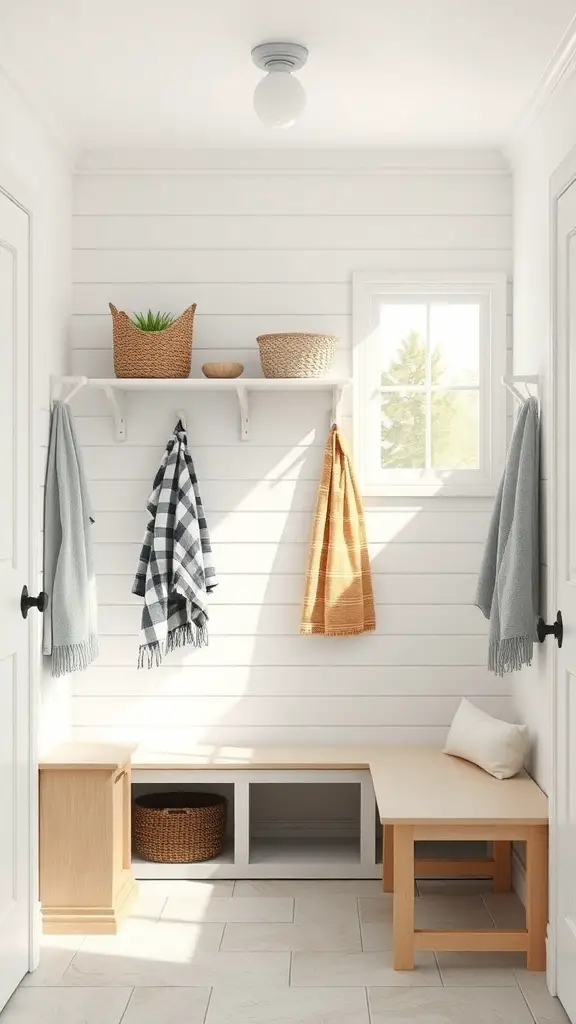 29+ Creative Pet-Friendly Mudroom Ideas You'll Love 4 A bright mudroom with white shiplap walls, a bench, and open shelving, designed for easy cleaning.