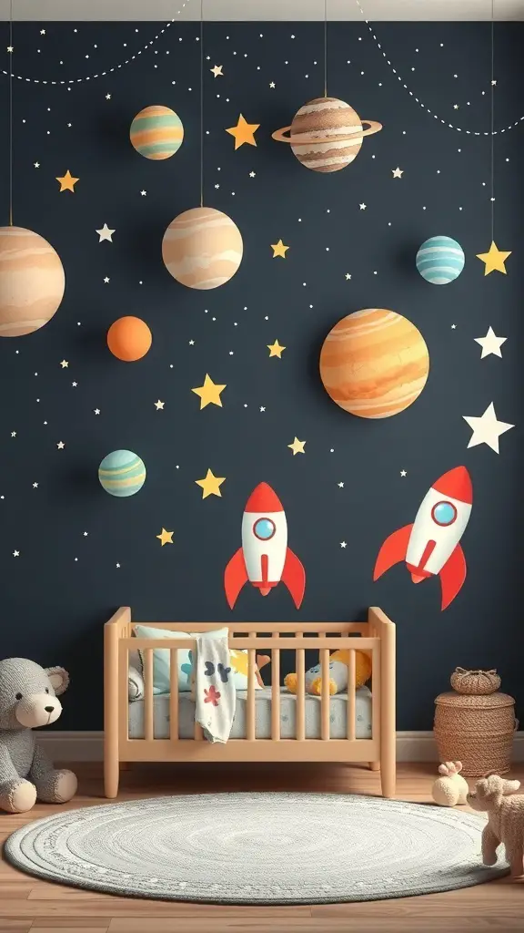 A toddler boy's room with a space theme, featuring planets, rockets, and a cozy crib.